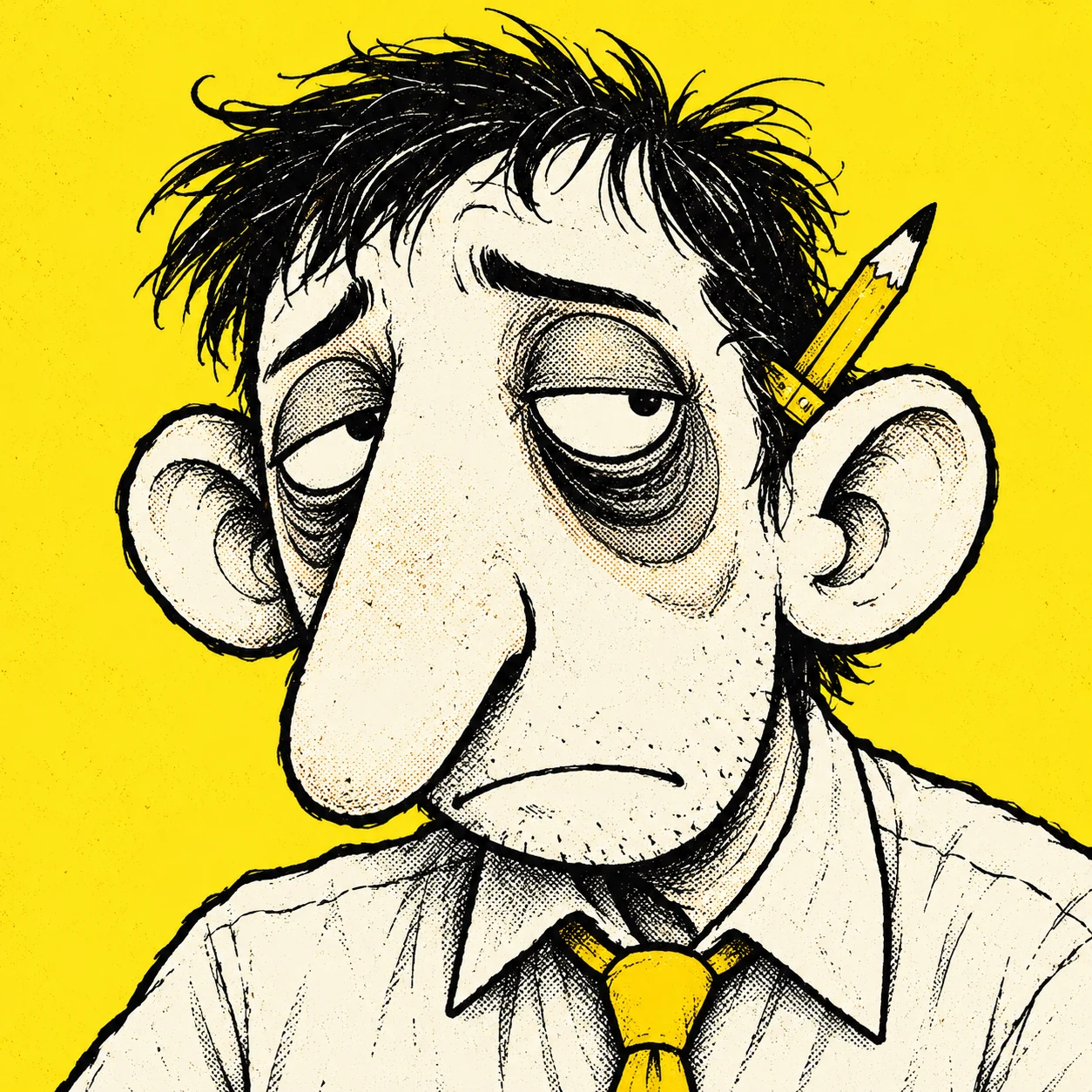 Manny's tired, ink-drawn face, with a pencil behind his ear and a yellow tie, on a solid yellow background.
